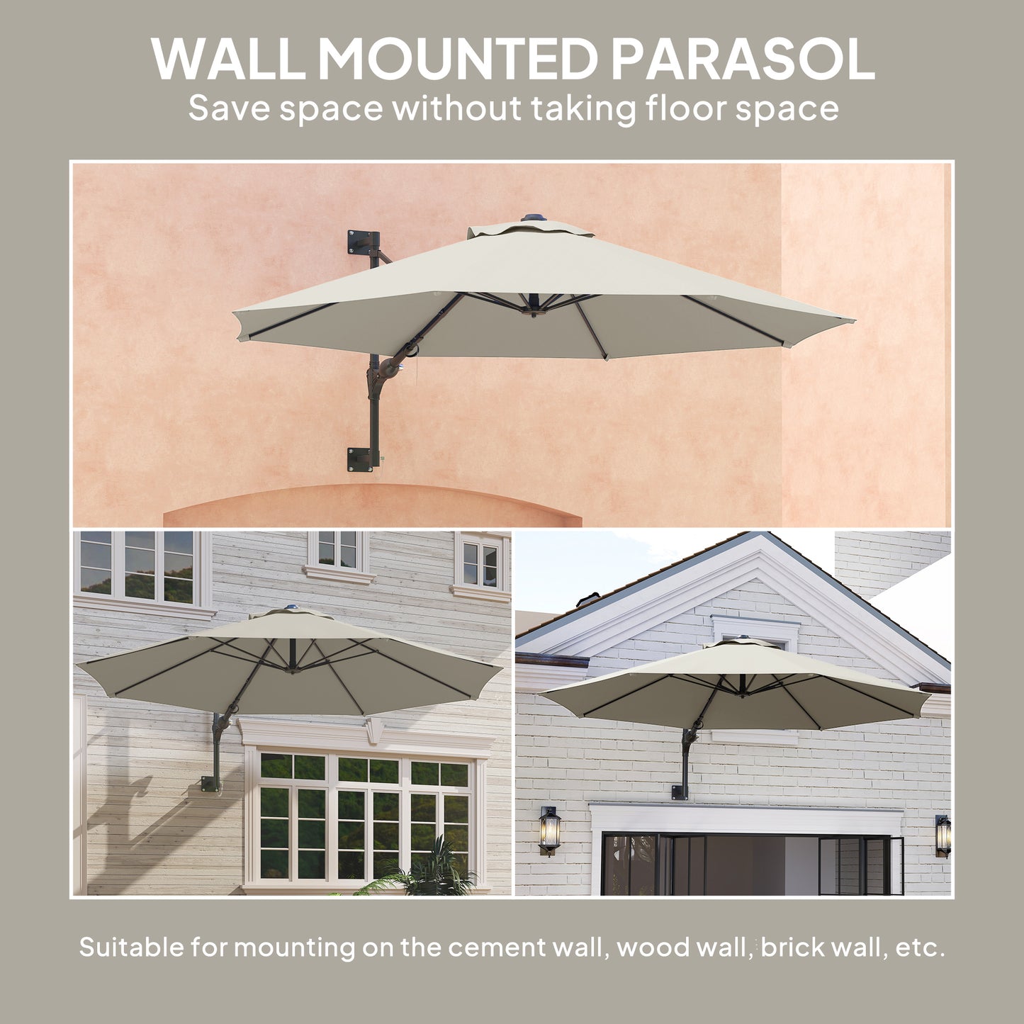 Outsunny 3(m) Parasol ścienny z uchwytem - jasnoszary