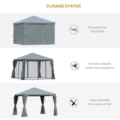 Outsunny 3(m) Garden Gazebo Canopy Party Tent Garden Pavilion Patio Shelter Aluminum Frame with Curtains, Netting Sidewalls, Grey