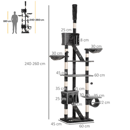 PawHut Drzewko dla kotów od podłogi do sufitu dla kotów domowych, 240-260 cm Regulowane Drzewko dla kotów - Ciemnoszary