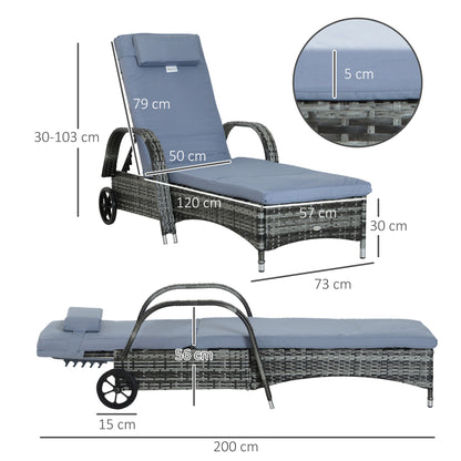 Outsunny Garden Rattan Furniture Pojedynczy leżak ogrodowy z funkcją rozkładania Fotel ogrodowy z plecionki z wikliny Regulowany zagłówek z ognioodporną poduszką - szary