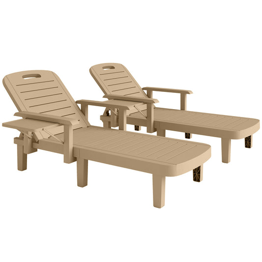 Outsunny Set of 2 Reclining Sun Loungers, 5 Positions Adjustable Outdoor Chaise Lounge Chair with Armrests, Khaki
