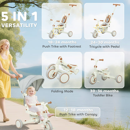 AIYAPLAY 5 in 1 Kids Trike with Adjustable Backrest, Toddler Tricycle with Push Handlebar, Adjustable Backrest, Cream White