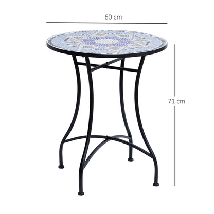 Outsunny Outdoor Mosaic Round Garden Table, Patio Bistro Coffee Side Table with 60cm Ceramic Top for Garden, Blue and White