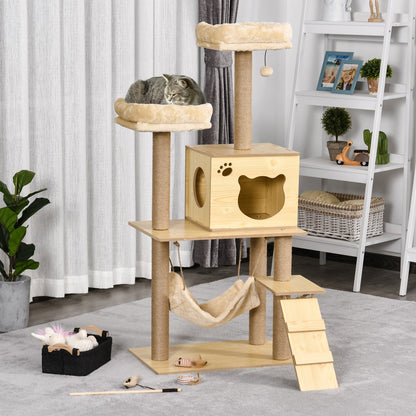 PawHut Cat Tree, 130 cm Cat Tree for Indoor Cats, Multi-Level Plush Cat Climbing Tower with 5 Scratching Posts, 2 Perches, Cat Condo, Hammock, Ramp, Toy Ball, Cat Tree for Large Cat, Yellow