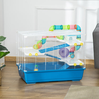 PawHut Large Hamster Cage with Tubes, Multilevel Rodent House with Exercise Wheel, Gerbil Cage with Water Bottle, Food Dish, Ramps 79 cm x 46 cm x 60 cm- Blue