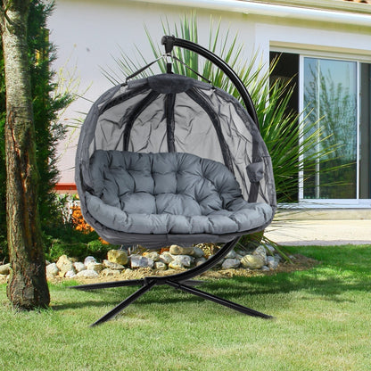 Outsunny 2-Seater Hanging Egg Chair with Stand, Cushion and Folding Design - Grey