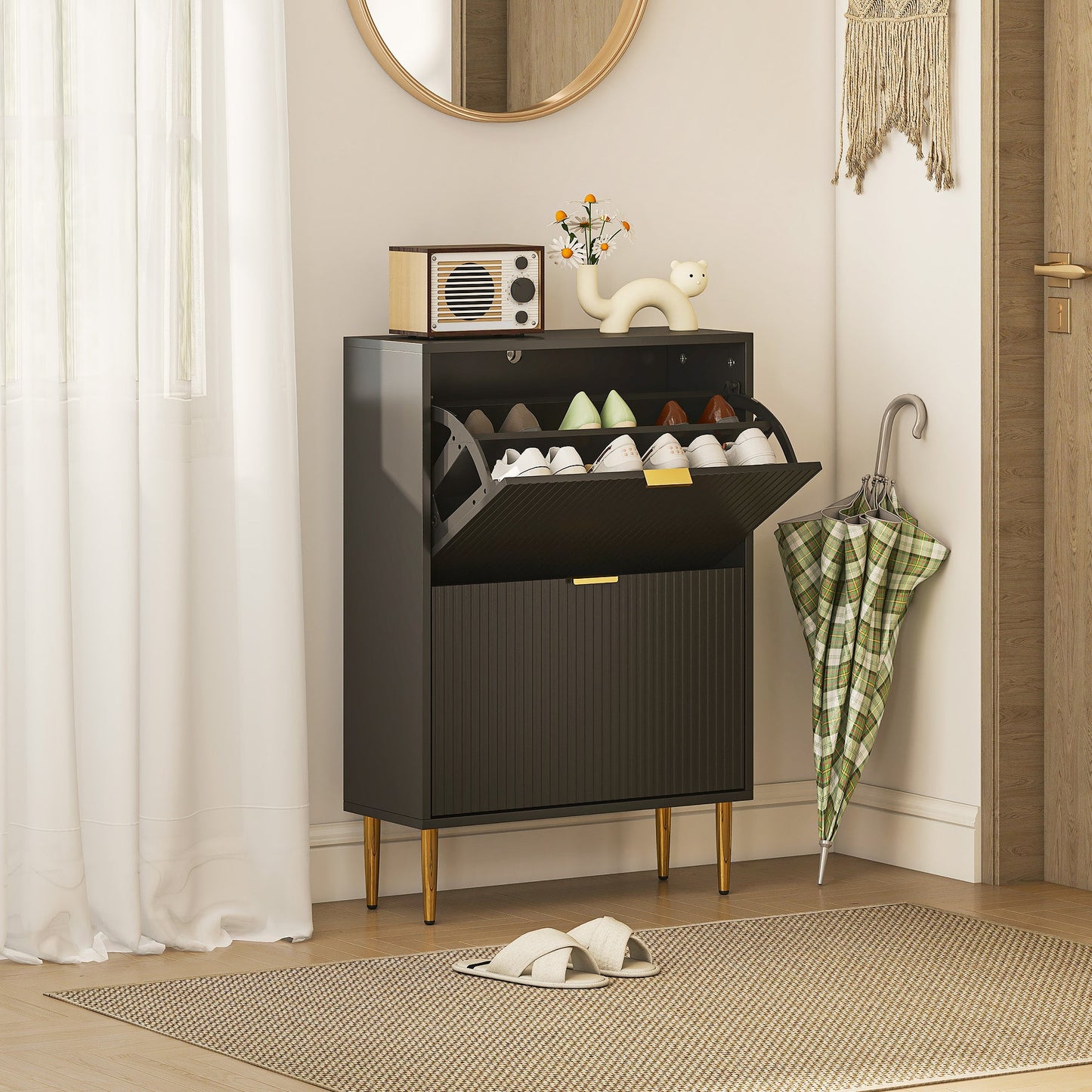 HOMCOM Narrow Shoe Cabinet with 2 Flip Drawers - Black
