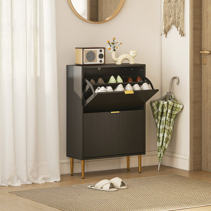 HOMCOM Narrow Shoe Cabinet with 2 Flip Drawers - Black