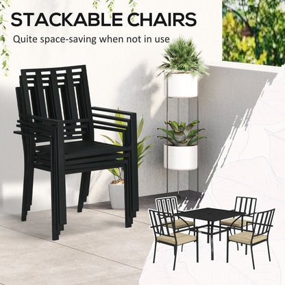 Outsunny 5 Pieces Garden Dining Set with Cushions, Outdoor Table and 4 Stackable Chairs, Metal Top Table with Umbrella Hole, Black