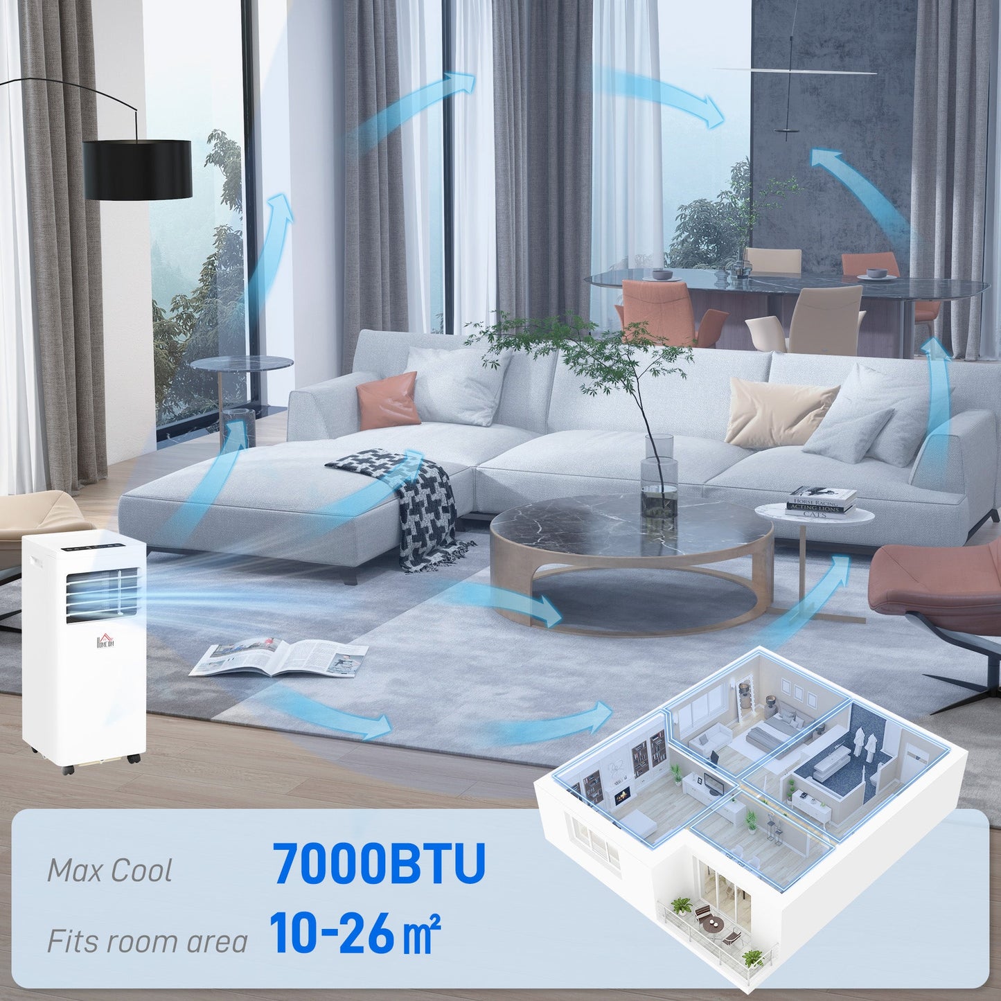 HOMCOM 7000 BTU Air Conditioning Unit, 3-in-1 Portable Air Conditioner, Dehumidifier, Cooling Fan with 2 Speeds, 24H Timer, Remote Control, Digital Display, Window Venting Kit, 26m√Ç¬≤
