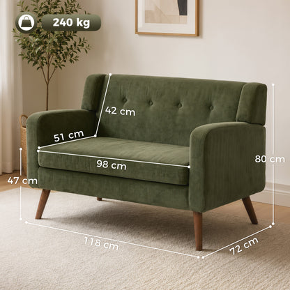 HOMCOM 2 Seater Sofa, 118 cm Corduroy Small Loveseat with Spring Cushion, Wood Legs for Small Space, Living Room, Dark Green