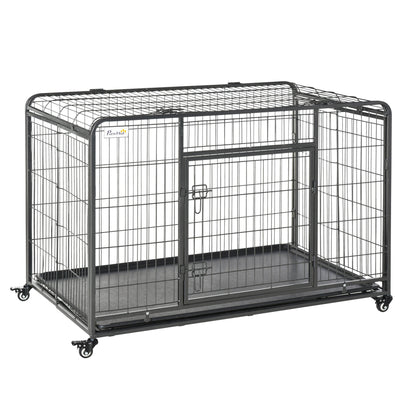 PawHut Heavy Duty Dog Crates Foldable Doge Kennel and Dog Cage Pet Playpen with Double Doors Removable Tray Lockable Wheels 125cm x 76cm x 81cm.