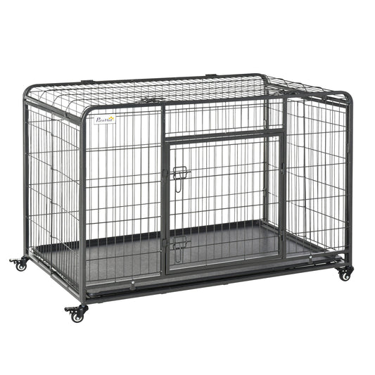 PawHut Heavy Duty Dog Crates Foldable Doge Kennel and Dog Cage Pet Playpen with Double Doors Removable Tray Lockable Wheels 125cm x 76cm x 81cm.