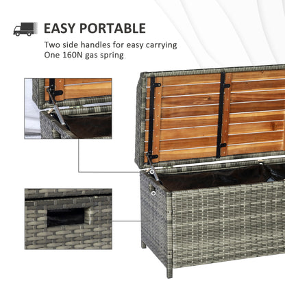 Outsunny Patio Wicker Storage Bench Box, Outdoor Garden PE Rattan Pool Storage Deck Bin Box z blatem z naturalnego drewna, pokrywką, idealny do przechowywania narzędzi, akcesoriów i zabawek, mieszany szary