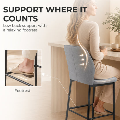 HOMCOM Modern Tall Chairs, Set of 2 Velvet Bar Stools with Footrest and Backrest, Kitchen & Living Room Stools, Grey
