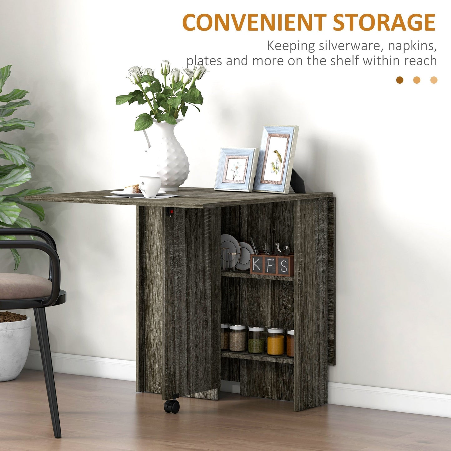 HOMCOM Folding Dining Table, Drop Leaf Table with 2-Tier Shelves, Rolling Casters, for Small Spaces, Kitchen, Grey