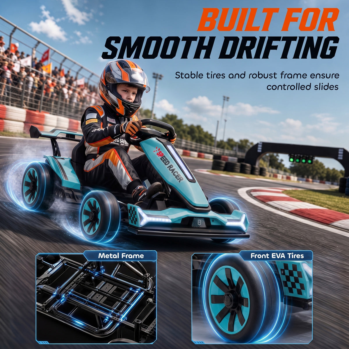 AIYAPLAY 24V Electric Go Kart for Kids 6-12 Years with Drift Mode, Adjustable Seat, 3 Speed, Slow Start, Light Blue