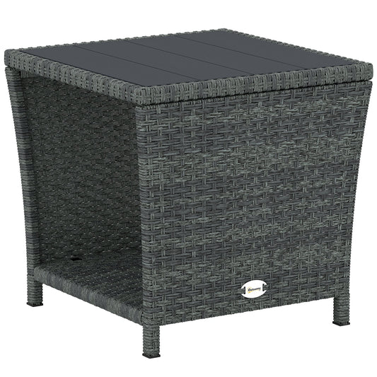 Outsunny Side Table 2-Tier Outdoor Coffee Table with Storage Shelf PS Wood Slat Top/Grey