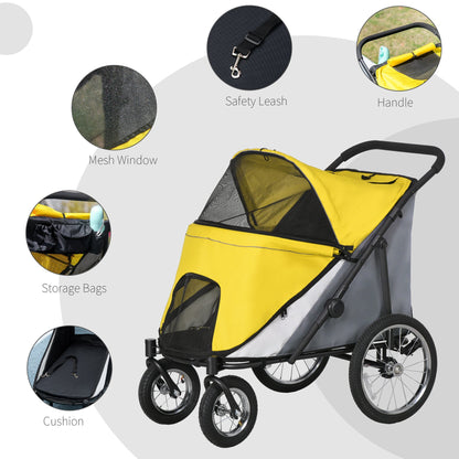 PawHut Foldable Pet Stroller with Washable Cushion, Storage Bags, Safety Leash for Medium and Large Dogs Cats Travel, Yellow