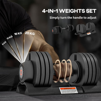 SPORTNOW Adjustable Dumbbells Set, 4-in-1 Weights Set with Storage Tray and Non-Slip Handle, 6KG 11KG 16KG 20KG