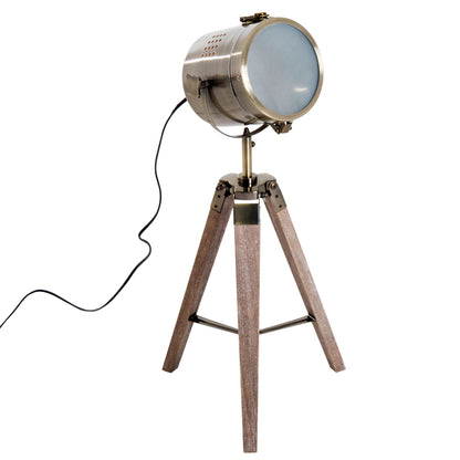 Vintage Retro Style Tripod Table Desk Lamp Bedside Light Spotlight Brass Antique Searchlight Wooden Base