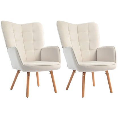 HOMCOM Modern Accent Chair Set of 2 Velvet-Touch Tufted Wingback Armchair Upholstered Leisure Lounge Sofa Club Chair with Wood Legs, Cream White