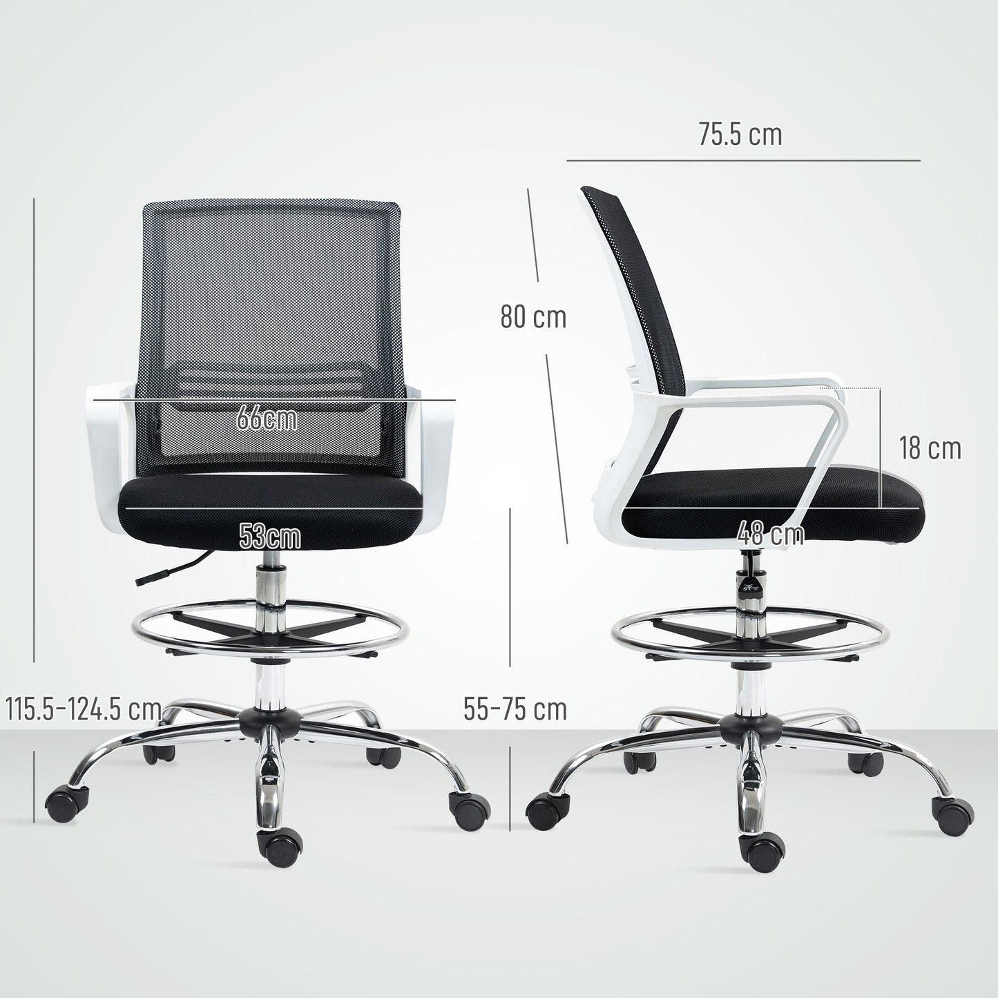 Krzesło kreślarskie HOMCOM, siatkowe krzesło kreślarskie, ergonomiczne krzesło biurowe z podparciem lędźwiowym, regulowany podnóżek, czarne