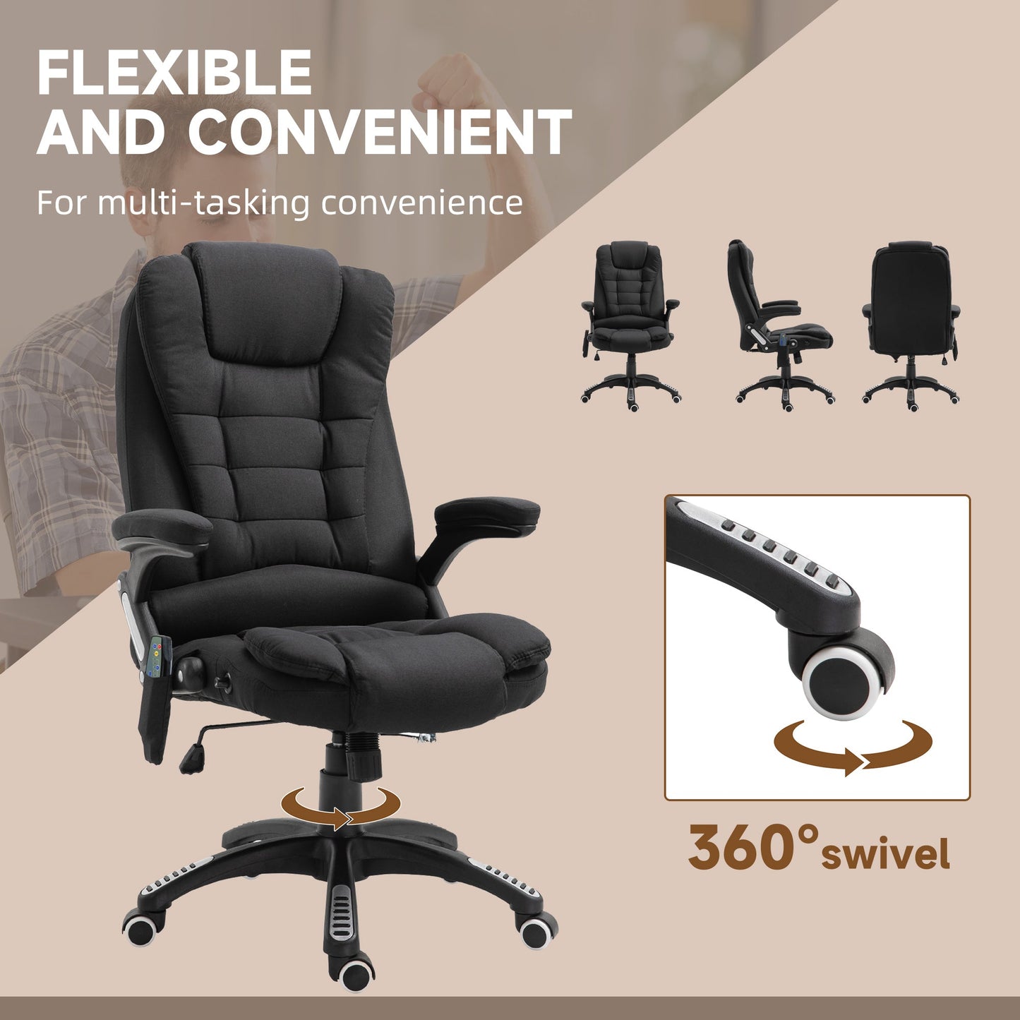 Vinsetto Massage Recliner Chair Heated Office Chair with Six Massage Points Linen-Feel Fabric 360¡ Swivel Wheels Black