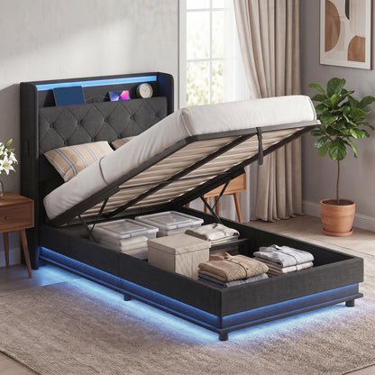 HOMCOM 3ft Single Bed Frame with Headboard, Platform Bed Frame with Hydraulic Storage, LED Lights and Charging Station, Black