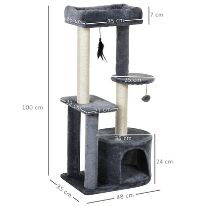 PawHut Cat Multi-Activity Tree Tower w/ Perch House Scratching Post Platform Play Ball Plush Covering Play Rest Relax Grey White