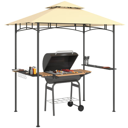 Altana grillowa Outsunny 8' x 5', dwupoziomowa altana grillowa z baldachimem i oświetleniem LED, 2 półki boczne, haczyki, beżowa