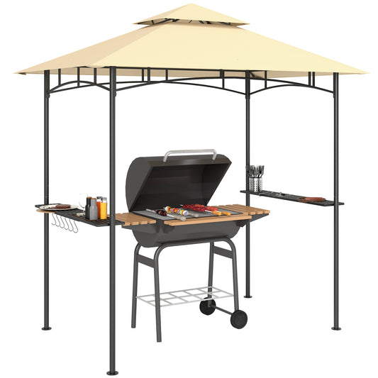 Altana grillowa Outsunny 8' x 5', dwupoziomowa altana grillowa z baldachimem i oświetleniem LED, 2 półki boczne, haczyki, beżowa