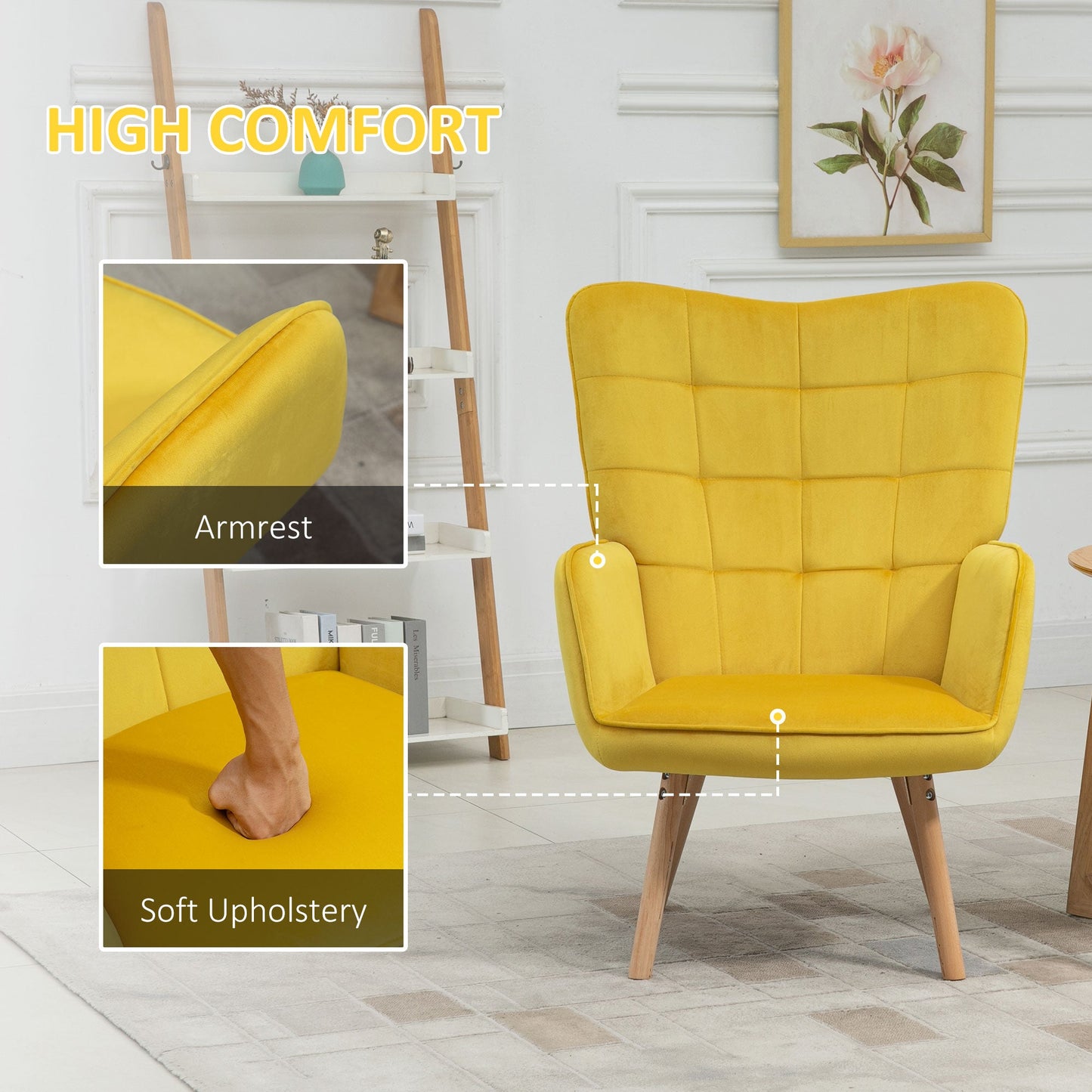 كرسي HOMCOM Modern Accent Chair بذراعين مبطن بمخمل ملمس مخملي مع مسند ظهر مجنح، كرسي صالة ترفيهي مبطن بأرجل خشبية، باللون الأصفر