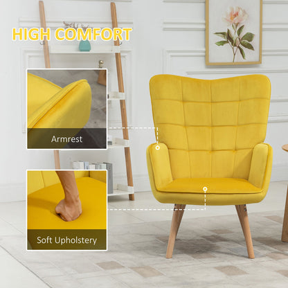 كرسي HOMCOM Modern Accent Chair بذراعين مبطن بمخمل ملمس مخملي مع مسند ظهر مجنح، كرسي صالة ترفيهي مبطن بأرجل خشبية، باللون الأصفر