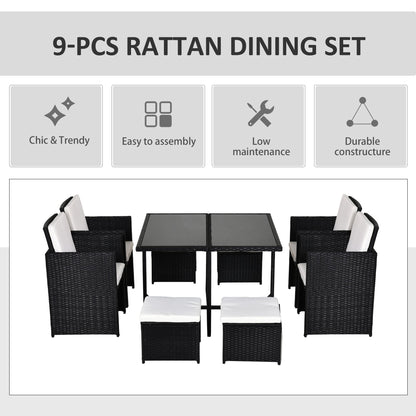 Outsunny 9 Piece Garden Rattan Dining Set Outdoor Patio Dining Table Set Weave Wicker 8 Seater Stool Black