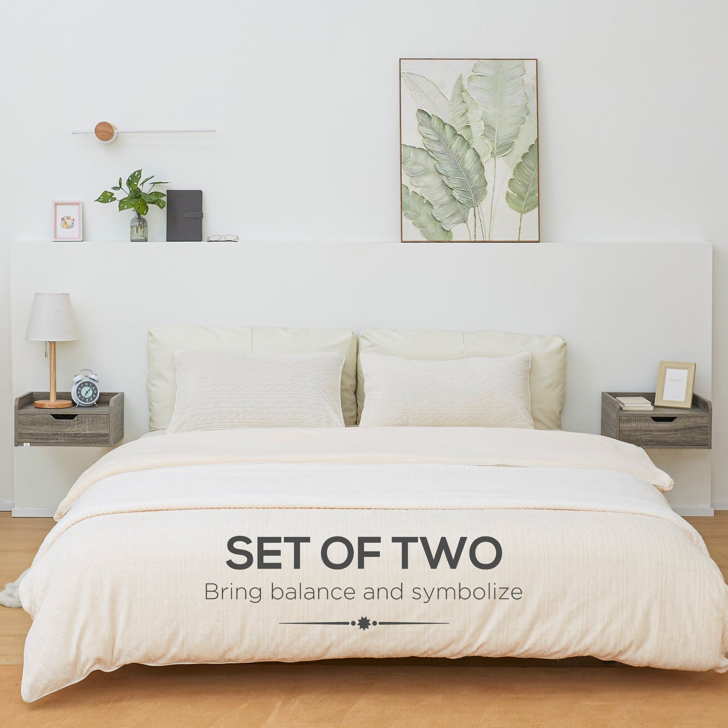 مجموعة من طاولتين بجانب السرير مثبتتين على الحائط مع درج تخزين لغرفة النوم من HOMCOM، باللون الرمادي