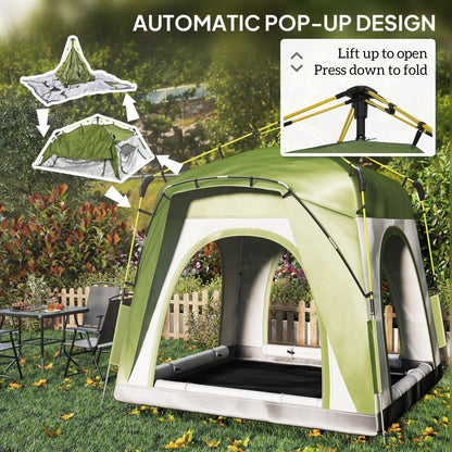 Outsunny Instant Pop Up Camping Tent, 4 Man Dome Tent with 4 Doors, Sewn-in Groundsheet, Carry Bag and Top Hook for Fishing Hiking Festival, Green