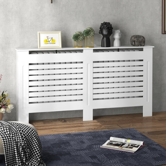 Osłona grzejnika HOMCOM, nowoczesna szafka MDF malowana na biało z poziomymi listwami do salonu, sypialni, 152L x 19W x 81H cm