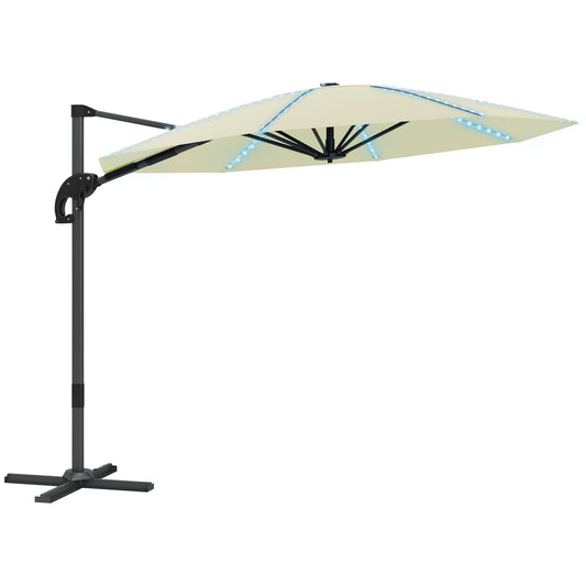 Outsunny 3(m) Cantilever Garden Parasol with Solar Powered Lights, Crank Handle & Cross Base, UPF 50+, 360 Rotation, Cream