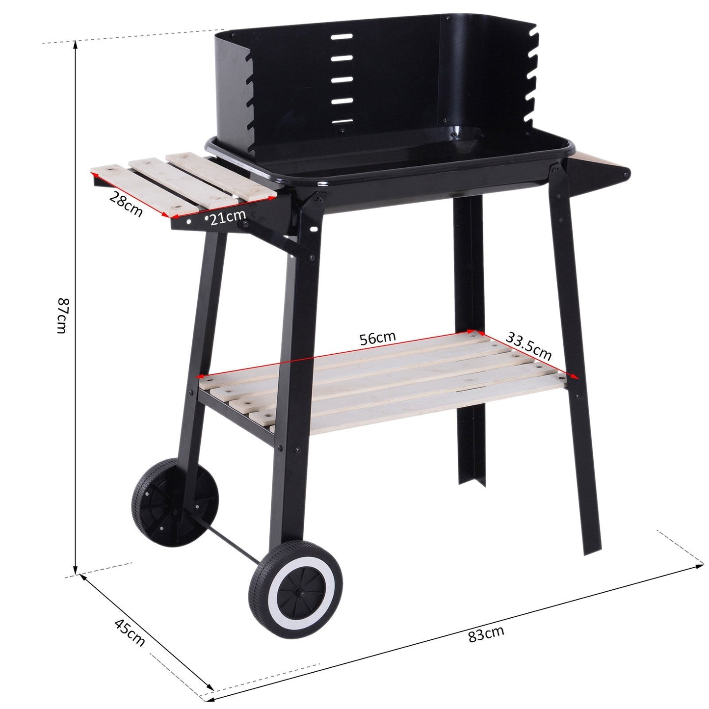 Outsunny BBQ Grill Trolley Charcoal BBQ Barbecue Grill Outdoor Patio Garden Heating Smoker with Side Trays Storage Shelf and Wheels