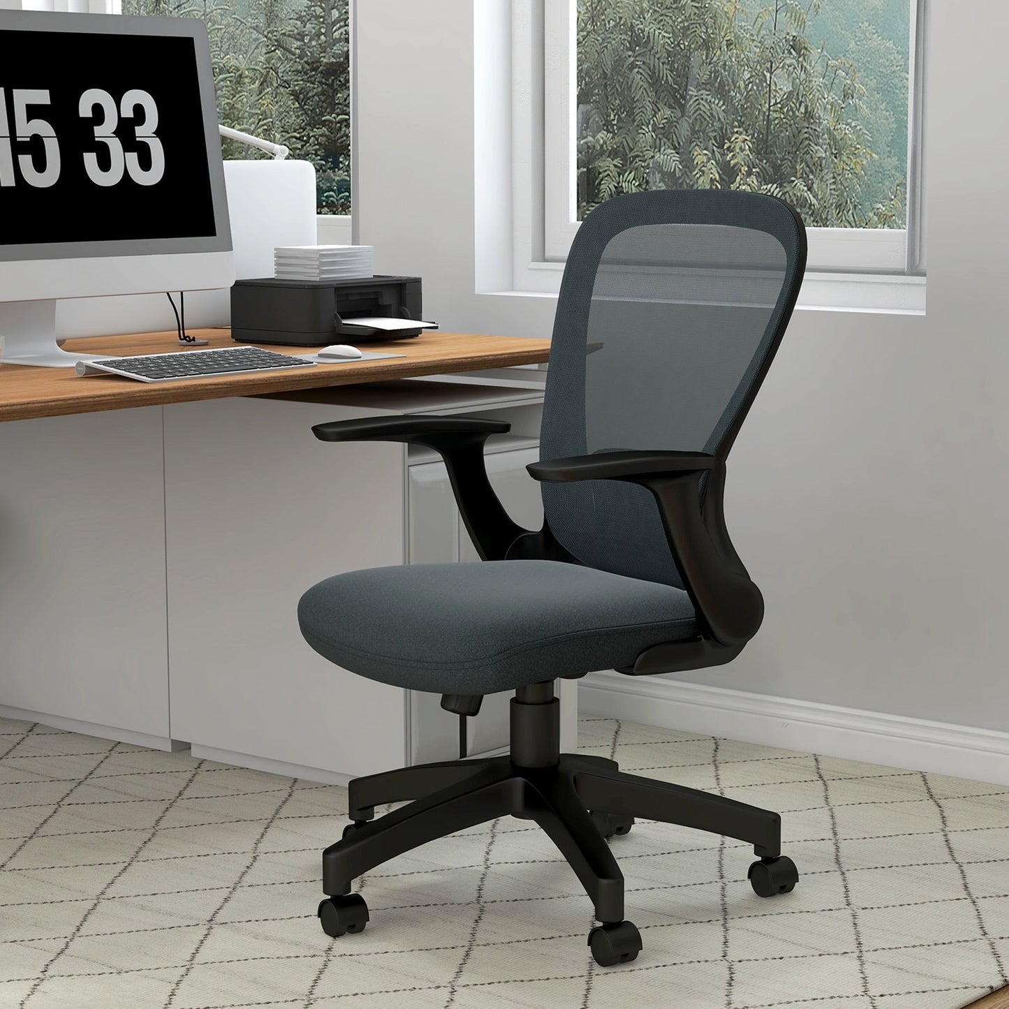 Vinsetto Ergonomic Office Chair, Mesh Desk Chair with Flip-up Armrest, Lumbar Back Support, Swivel Wheels, Grey