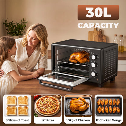 HOMCOM 30 L Mini Oven, Countertop Electric Cooker & Grill for Roasting, Baking, Grilling with Adjustable Temperature, Black