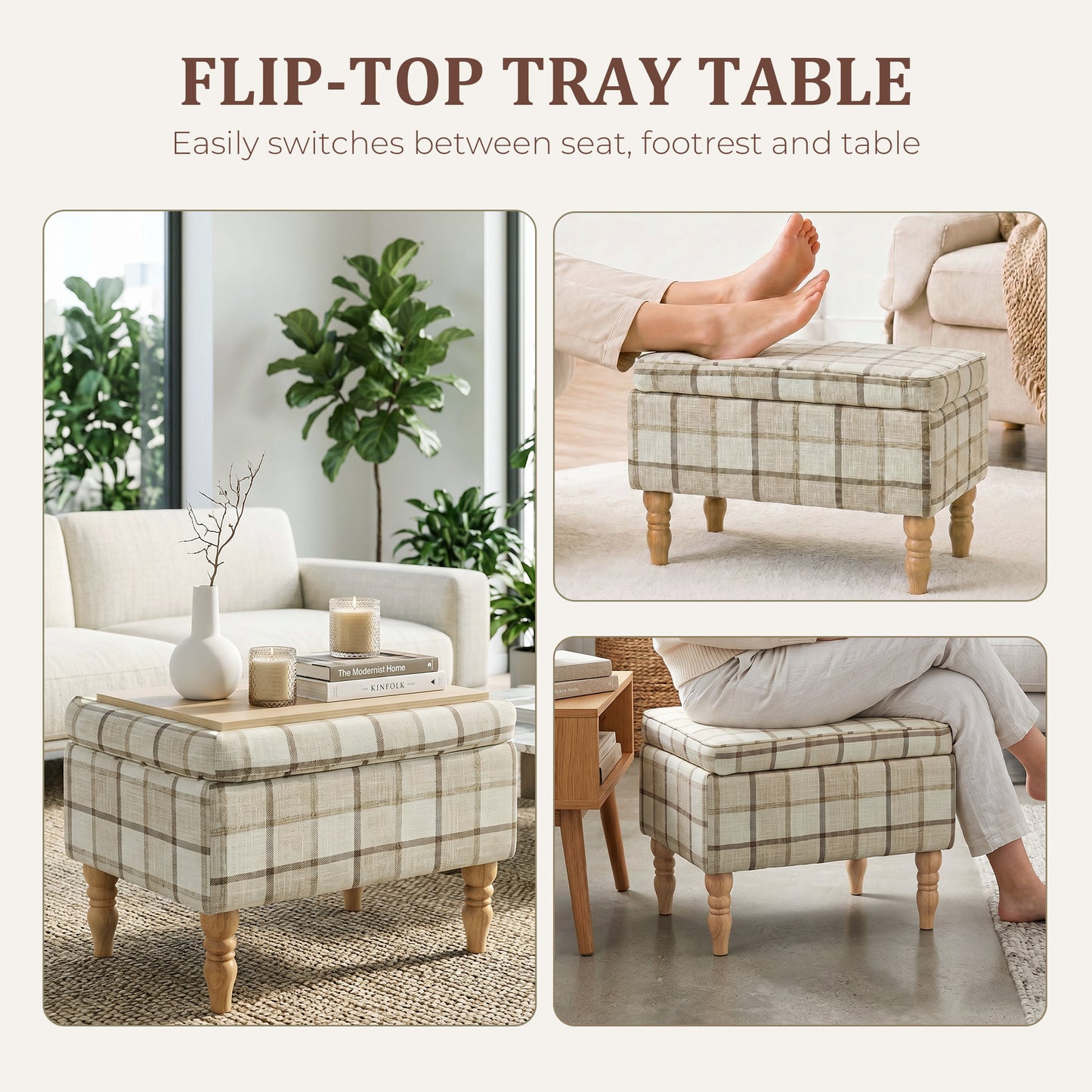 HOMCOM Linen Fabric Upholstered Footstool, Rectangular Storage Stool with Removable Top, Padded Seat and Hidden Space, Brown