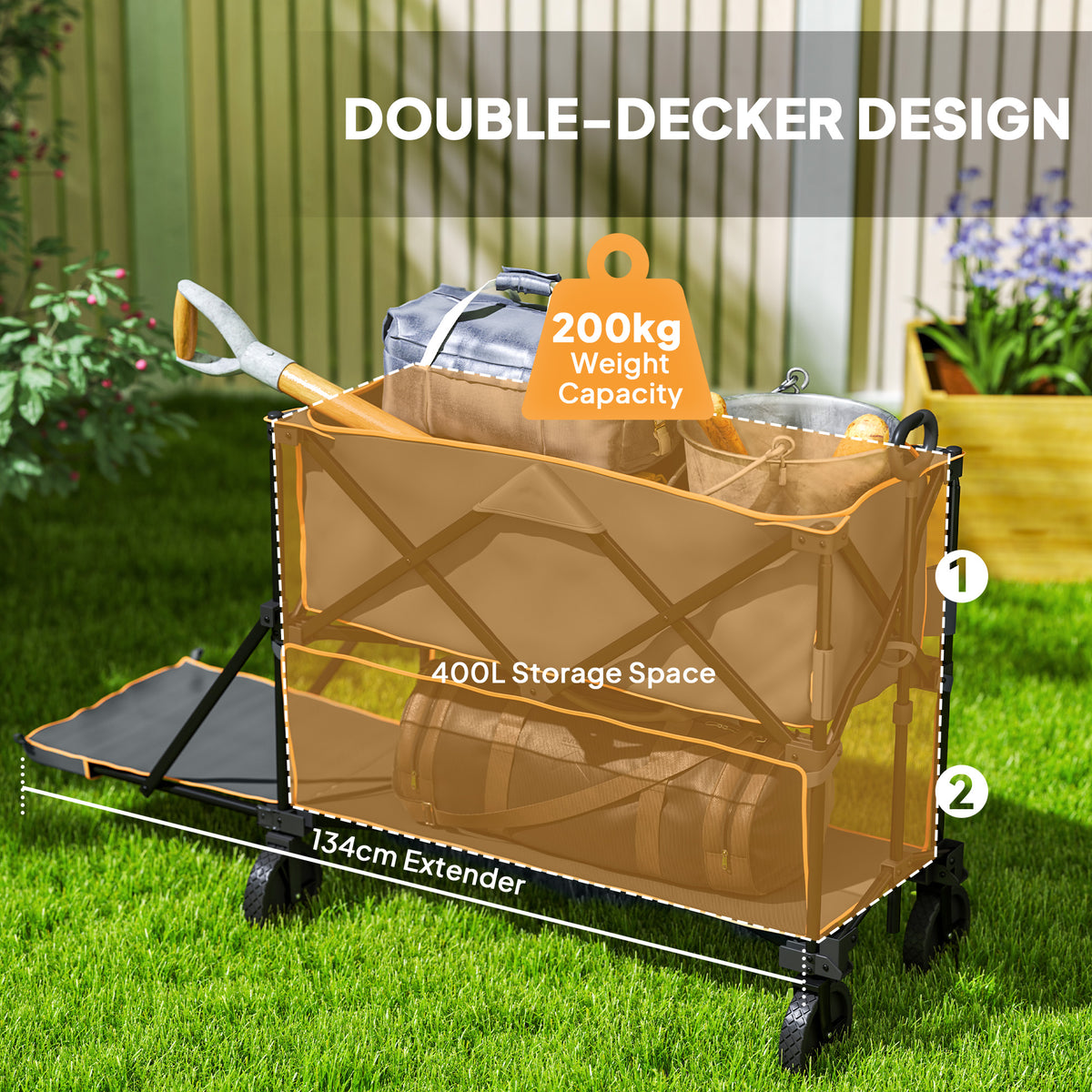 Outsunny Double Decker Folding Festival Trolley on Wheels, 200KG & 350L Capacity Collapsible Wagon Festival Trolley Cart with 134cm Extended for Camping Sports Shopping Garden and Beach, Grey