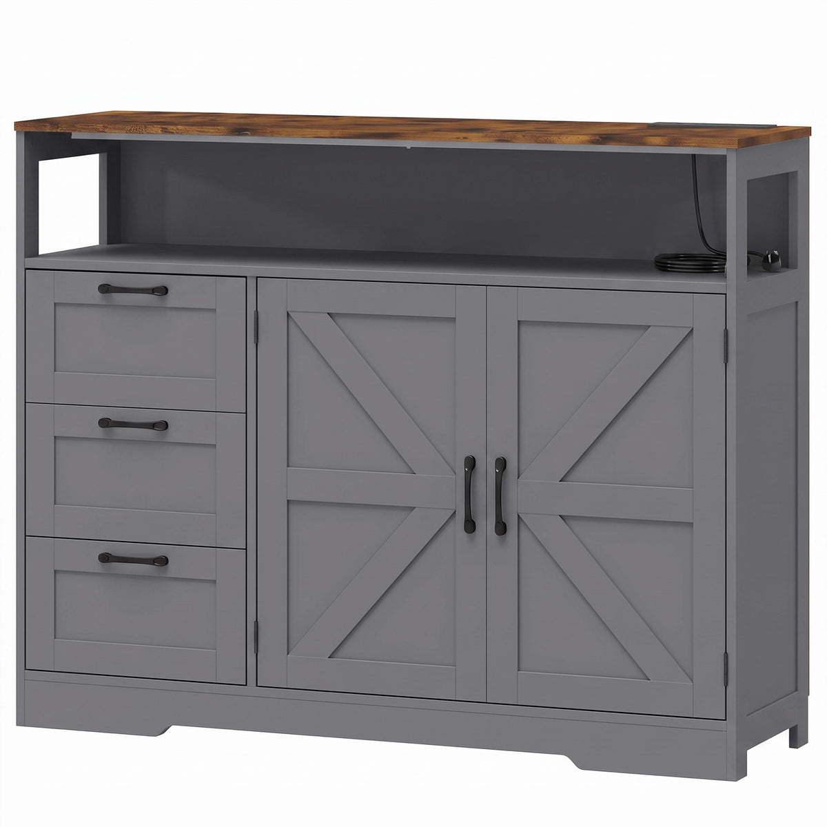 HOMCOM Sideboard Cabinet with Power Outlet, Farmhouse Kitchen Cabinet with 3 Drawers and Open Shelf, Grey