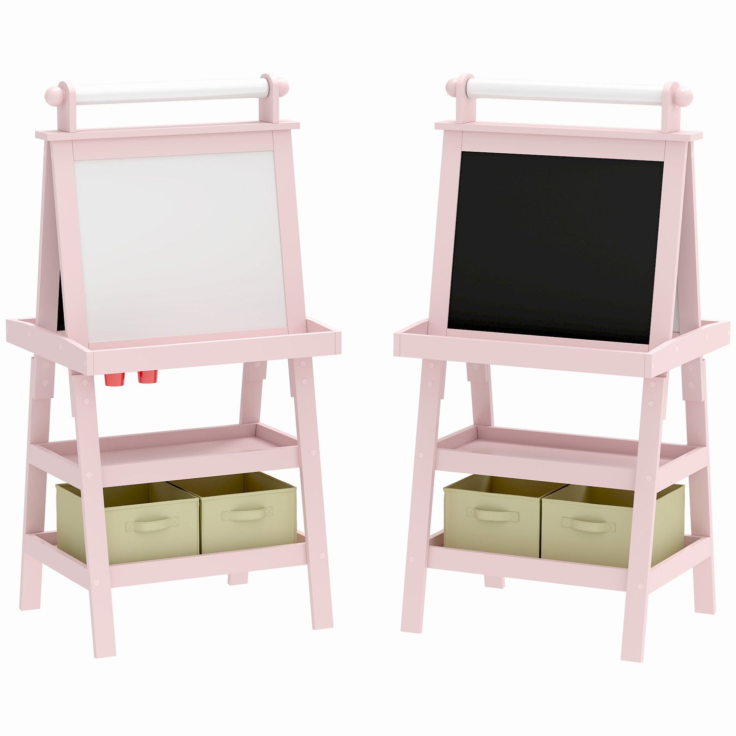 AIYAPLAY 3 in 1 Kids Easel Double-Sided Magnetic Whiteboard and Chalkboard with Paper Roll, Storage Baskets - Pink