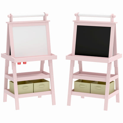 AIYAPLAY 3 in 1 Kids Easel Double-Sided Magnetic Whiteboard and Chalkboard with Paper Roll, Storage Baskets - Pink