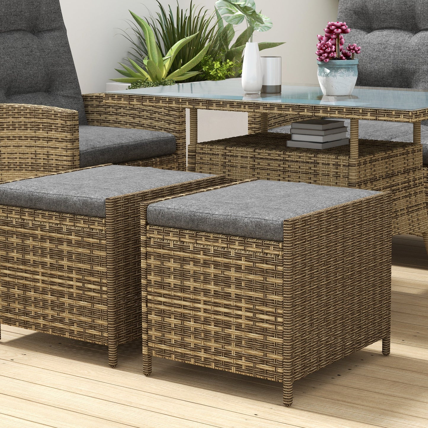 Outsunny 6 Seater Rattan Dining Set with 2 Reclining Chairs, Loveseat, 2 Stools, Rattan Garden Furniture Set with Cushions, Rectangular Glass Top Table, Aluminium Frame, Mixed Grey