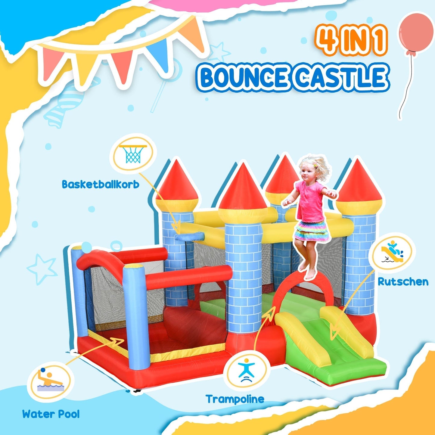 Outsunny Kids Bounce Castle Inflatable Trampoline Slide Pool Basket for Kids Age 3-10, 3 x 2.75 x 2.1m