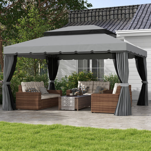 Outsunny 3 x 4m Aluminiowa altana ogrodowa, zadaszenie, namiot imprezowy z siatkami i zasłonami do ogrodu i na taras, jasnoszary